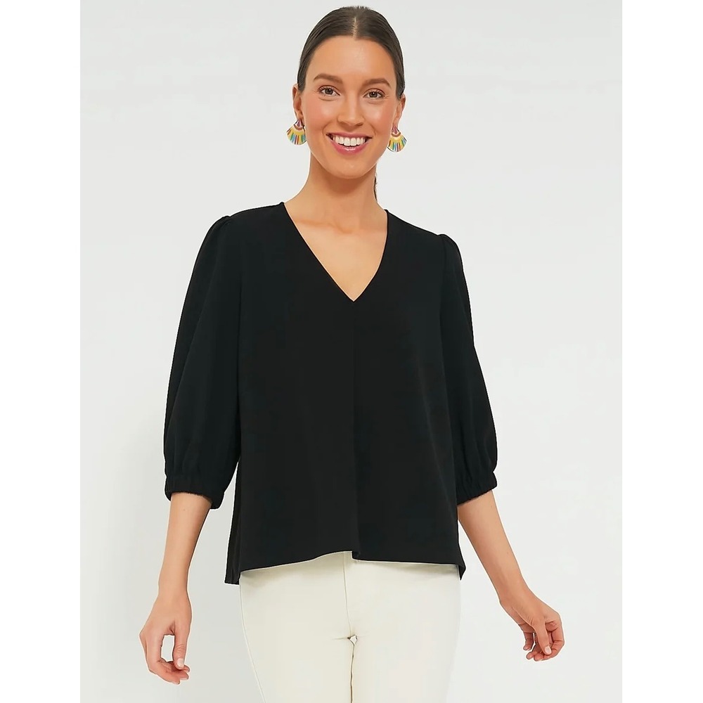 Pomander Place Tuckernuck Hollis Top Black V-Neck Puff Sleeve Blouse Size Medium